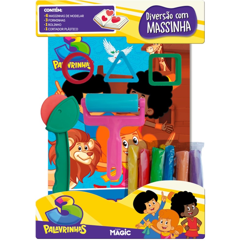 3 PALAVRINHAS - KIT DIVERSÃO COM LIVRO, 6 MASSINHAS, FORMINHAS, ROLINHO E CORTADOR
