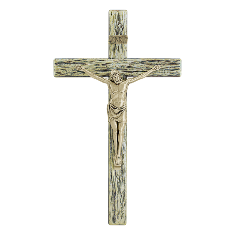ADORNO CRUZ COM BANHO AMADEIRADO E CRISTO OURO VELHO - 34 CM OURO VELHO