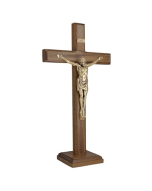 ADORNO CRUZ DE MADEIRA NOBRE COM APLIQUE OV P/ MESA