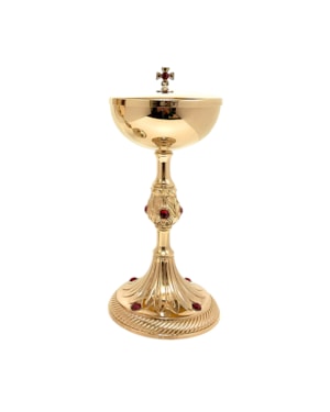 ÂMBULA DOURADA COM PEDRAS VERMELHAS 25,5CM DE ALTURA