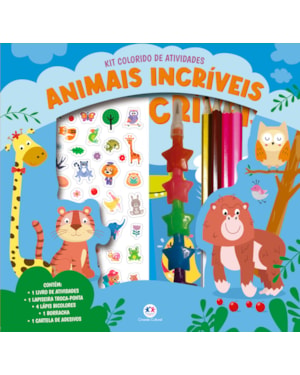 ANIMAIS INCRÍVEIS - KIT LIVRO COM LAPISEIRA, LÁPIS BORRACHA E ADESIVOS