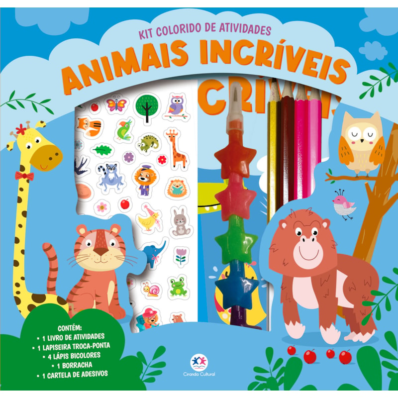 ANIMAIS INCRÍVEIS - KIT LIVRO COM LAPISEIRA, LÁPIS BORRACHA E ADESIVOS