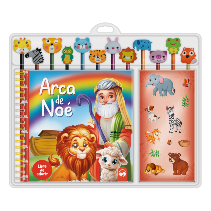 ARCA DE NOÉ: ESCOLAR LIVRO DE COLORIR COM 12 LÁPIS E 12 BORRACHAS TEMÁTICAS