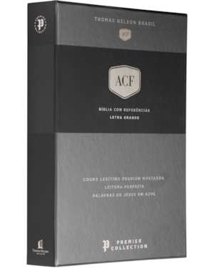 BÍBLIA ACF, COURO LEGÍTIMO MOSTARDA, LETRA GRANDE, LEITURA PERFEITA, PREMIER COLLECTION | COM LETRAS DE JESUS EM AZUL E REFERÊNCIAS CRUZADAS