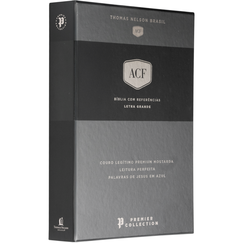 BÍBLIA ACF, COURO LEGÍTIMO MOSTARDA, LETRA GRANDE, LEITURA PERFEITA, PREMIER COLLECTION | COM LETRAS DE JESUS EM AZUL E REFERÊNCIAS CRUZADAS