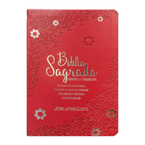 BÍBLIA HIPERGIGANTE ARC FILL COLOR PU LUXO DOURADA - FLORAL MARGARIDA VERMELHA