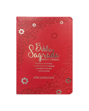 BÍBLIA HIPERGIGANTE ARC FILL COLOR PU LUXO DOURADA - FLORAL MARGARIDA VERMELHA
