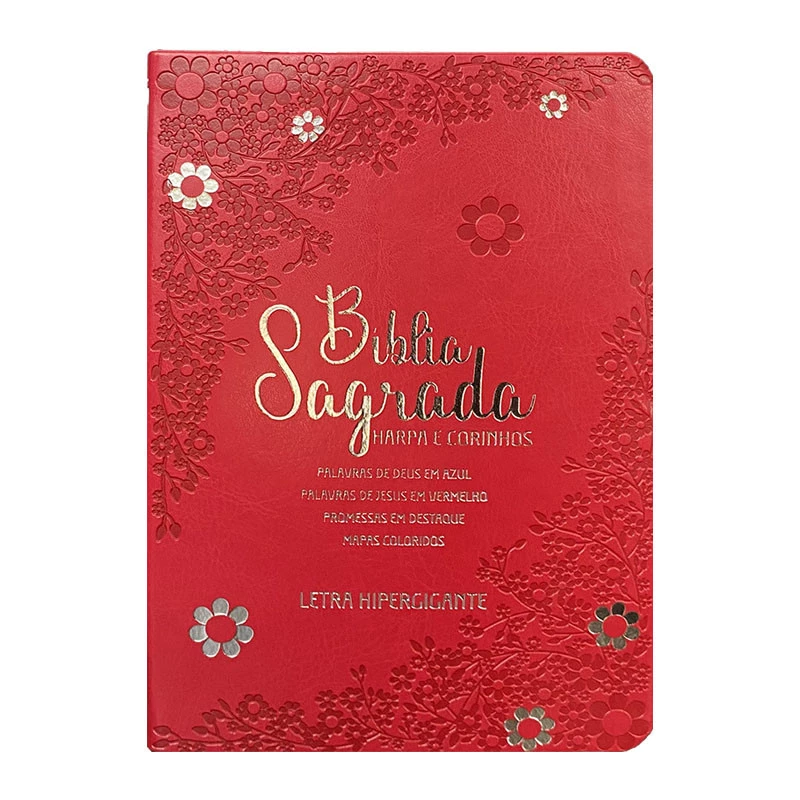 BÍBLIA HIPERGIGANTE ARC FILL COLOR PU LUXO DOURADA - FLORAL MARGARIDA VERMELHA
