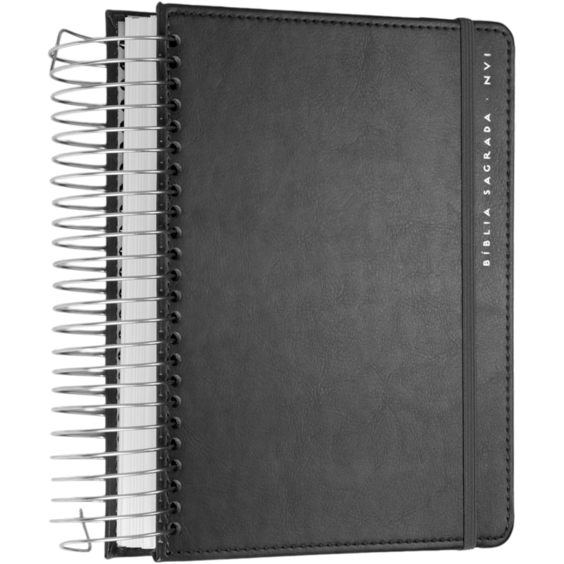 BÍBLIA NVI COM ESPAÇO PARA ANOTAÇÕES CENTRAL, CAPA DURA CINZA COM ELÁSTICO, ESPIRAL, LEITURA PERFEITA