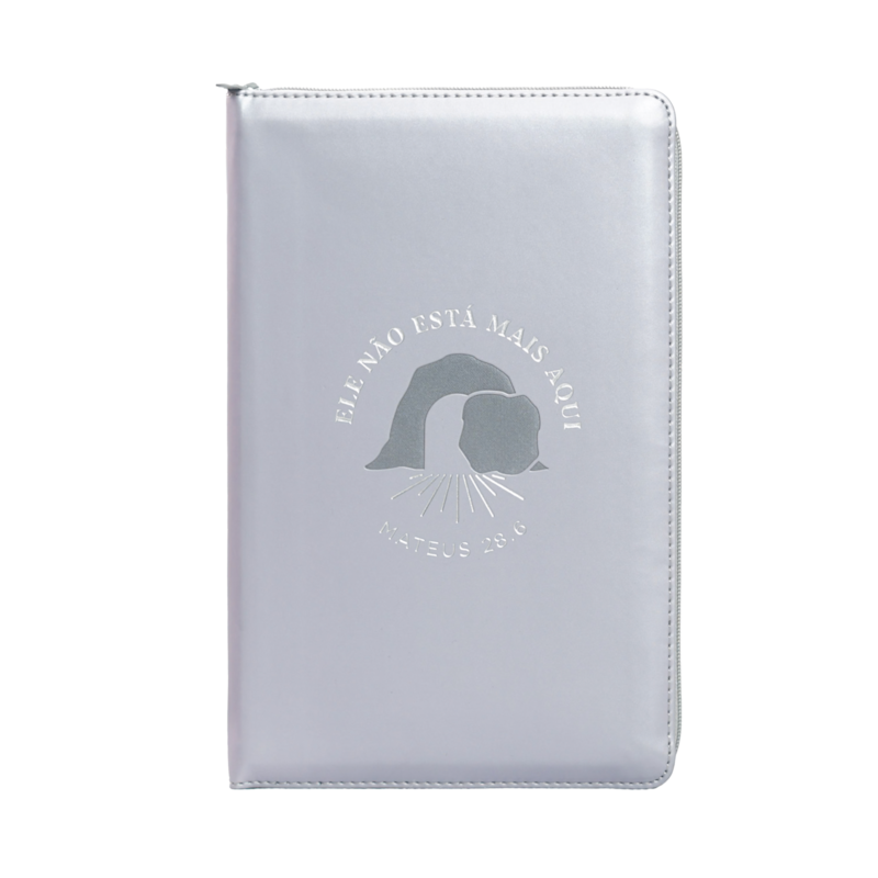 BÍBLIA NVI COM ZÍPER: ELE NÃO ESTÁ MAIS AQUI, CAPA LUXO CINZA COM TOQUE EMBORRACHADO, LEITURA PERFEITA