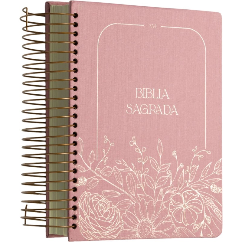 BÍBLIA NVI, LETRA TRADICIONAL, FONTE LEITURA PERFEIRA, COM ESPAÇO PARA ANOTAÇÕES CENTRAL, CAPA DURA COM ESPIRAL ROSA FLORAL