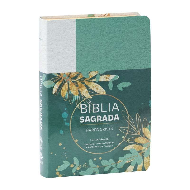 BÍBLIA SAGRADA LETRA GRANDE, EDIÇÃO COM LETRAS VERMELHAS E HARPA CRISTÃ, CAPA SEMIFLEXÍVEL FLORAL VERDE