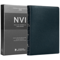 BÍBLIA SAGRADA NVI, LETRA GRANDE, COURO LEGÍTIMO AZUL, LEITURA PERFEITA, PREMIER COLLECTION | COM LETRAS DE JESUS EM AZUL E REFERÊNCIAS CRUZADAS