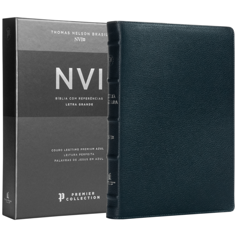 BÍBLIA SAGRADA NVI, LETRA GRANDE, COURO LEGÍTIMO AZUL, LEITURA PERFEITA, PREMIER COLLECTION | COM LETRAS DE JESUS EM AZUL E REFERÊNCIAS CRUZADAS