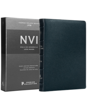 BÍBLIA SAGRADA NVI, LETRA GRANDE, COURO LEGÍTIMO AZUL, LEITURA PERFEITA, PREMIER COLLECTION | COM LETRAS DE JESUS EM AZUL E REFERÊNCIAS CRUZADAS