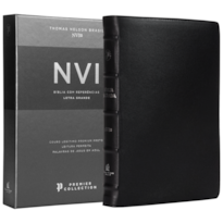 BÍBLIA SAGRADA NVI, LETRA GRANDE, COURO LEGÍTIMO PRETO, LEITURA PERFEITA, PREMIER COLLECTION | COM LETRAS DE JESUS EM AZUL E REFERÊNCIAS CRUZADAS