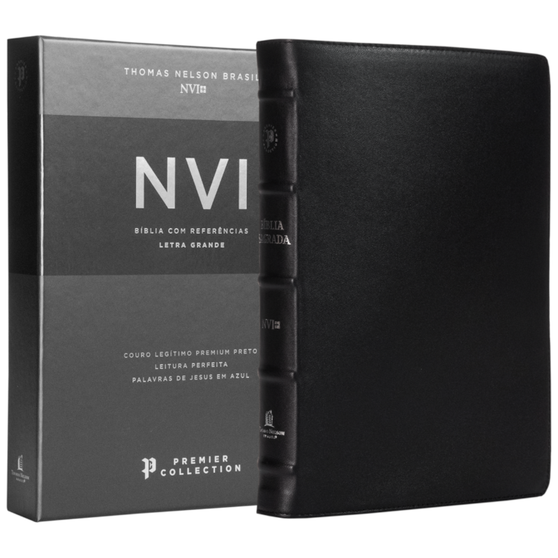 BÍBLIA SAGRADA NVI, LETRA GRANDE, COURO LEGÍTIMO PRETO, LEITURA PERFEITA, PREMIER COLLECTION | COM LETRAS DE JESUS EM AZUL E REFERÊNCIAS CRUZADAS