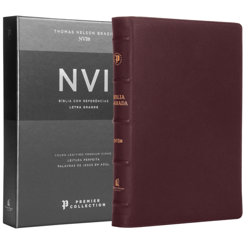 BÍBLIA SAGRADA NVI, LETRA GRANDE, COURO LEGÍTIMO VINHO, LEITURA PERFEITA, PREMIER COLLECTION | COM LETRAS DE JESUS EM AZUL E REFERÊNCIAS CRUZADAS