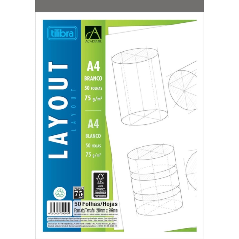 BLOCO PAPEL LAYOUT TILIBRA A4 COM MARGEM 230MMX320MM 75M/G² 50 FOLHAS