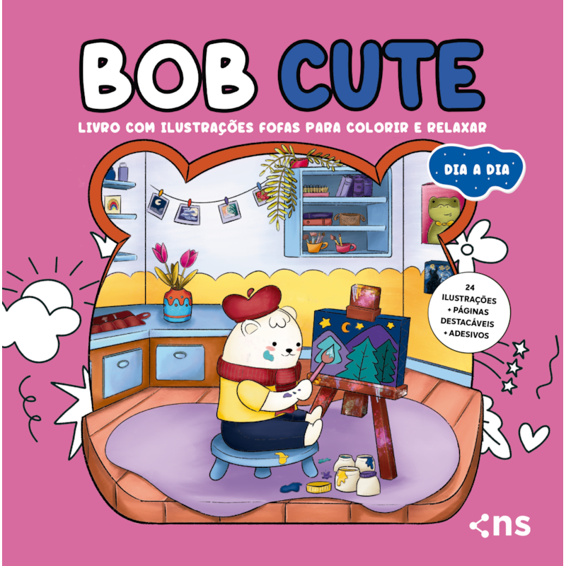 BOB CUTE - DIA A DIA - LIVRO COM ILUSTRAÇÕES FOFAS E ORIGINAIS PARA PINTAR, PÁGINAS DESTACÁVEIS E ACOMPANHA UMA CARTELA DE ADESIVO - PAPEL 180GR