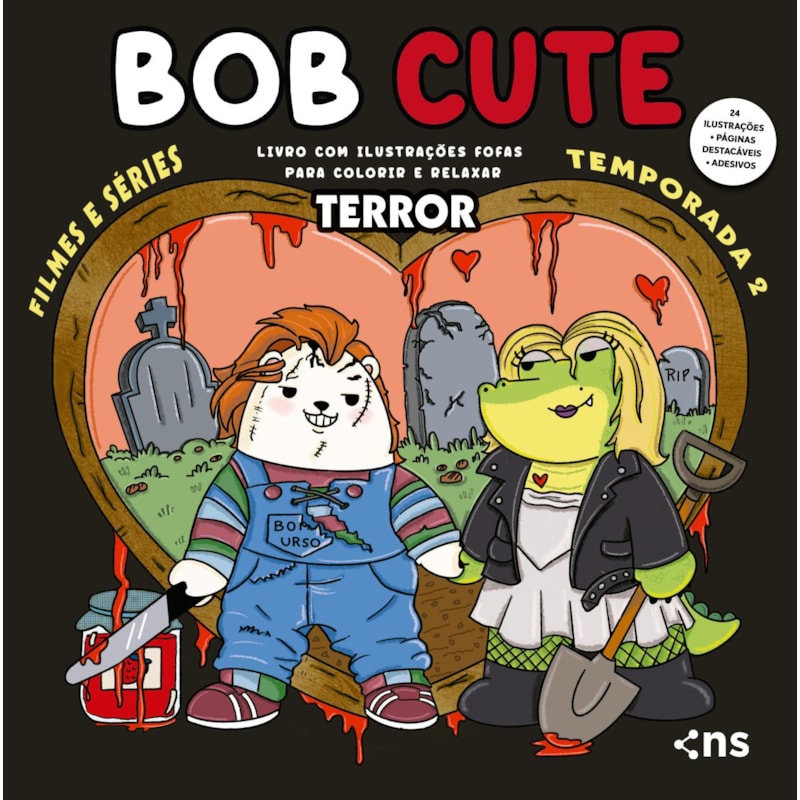 BOB CUTE - FILMES E SERIES TERROR - LIVRO COM ILUSTRAÇÕES FOFAS E ORIGINAIS PARA PINTAR, PÁGINAS DESTACÁVEIS E ACOMPANHA UMA CARTELA DE ADESIVO - PAPEL 180GR