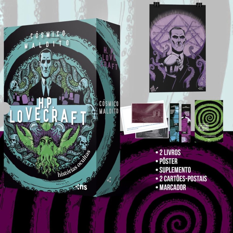 BOX CÓSMICO MALDITO: HISTÓRIAS OCULTAS DE H.P. LOVECRAFT - (PÔSTER + MARCADOR + SUPLEMENTO + 2 CARTÕES-POSTAIS)