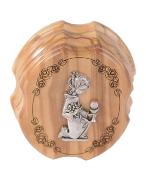CAIXA PARA TERÇO MENINA CALICE MADEIRA OLIVEIRA PRATA 6CM DE ALTURA