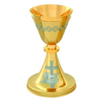CÁLICE 20CM DE ALTURA DOURADO OU NIQUELADO BASE CRUZ E PEIXES