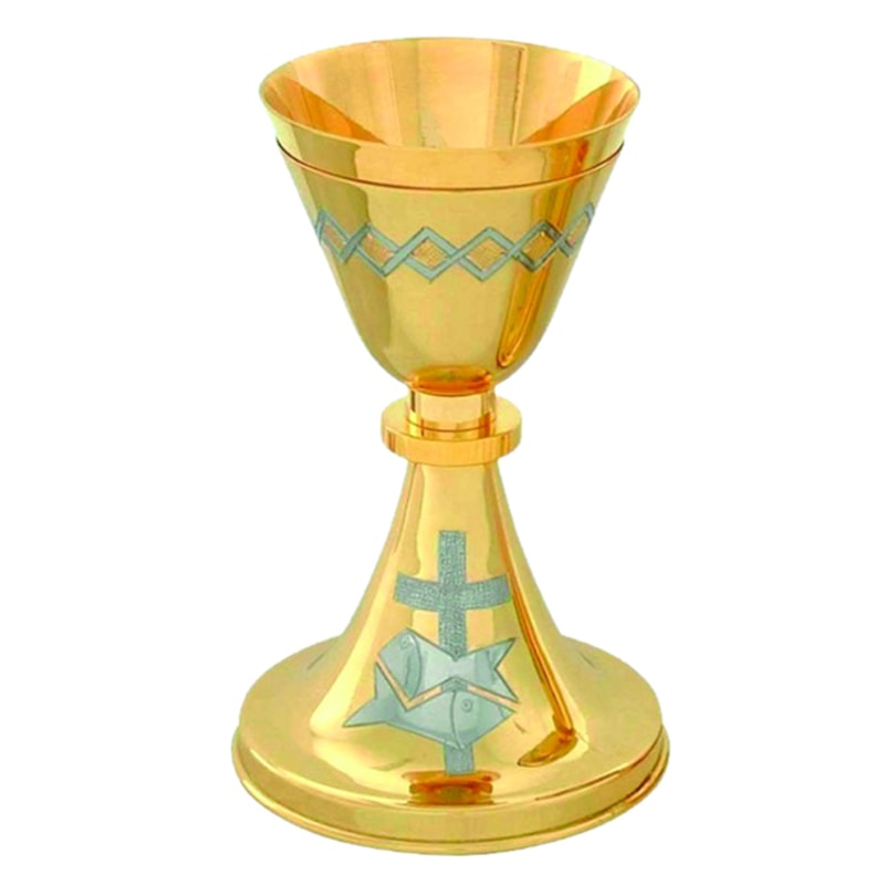 CÁLICE 20CM DE ALTURA DOURADO OU NIQUELADO BASE CRUZ E PEIXES