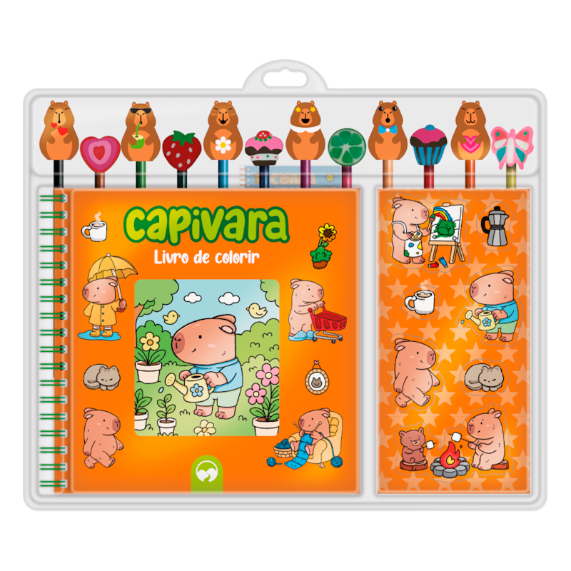CAPIVARA: ESCOLAR LIVRO DE COLORIR COM 12 LÁPIS E 12 BORRACHAS TEMÁTICAS
