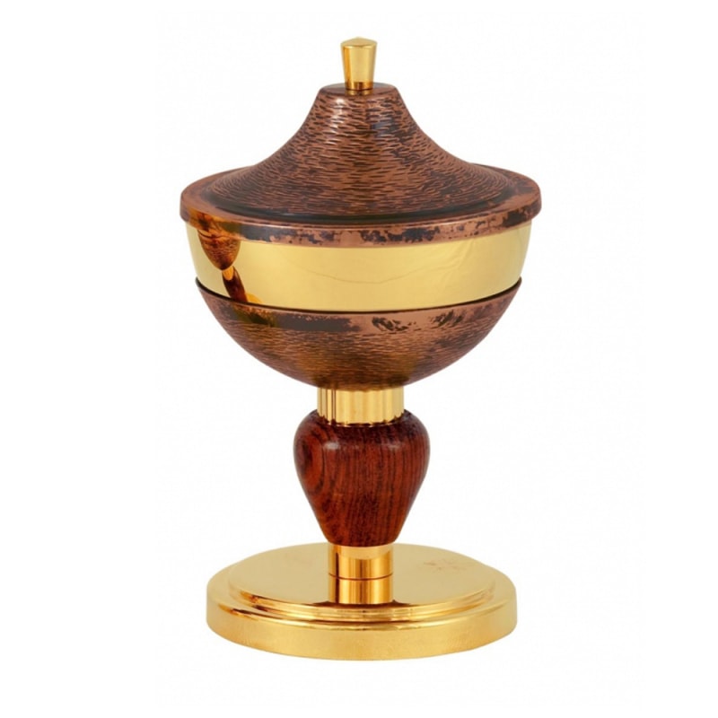 CIBÓRIO 18CM DE ALTURA COBRE ENTREMEIO MADEIRA 180 PARTÍCULAS
