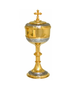 CIBÓRIO 19CM DE ALTURA DOURADO DETALHES EM PRATA 80 PARTÍCULAS