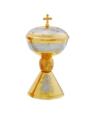 CIBÓRIO 20CM DE ALTURA DOURADO DESENHOS EM NIQUEL