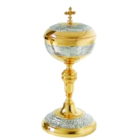 CIBÓRIO 22CM DE ALTURA DOURADO DESENHO EM NIQUEL