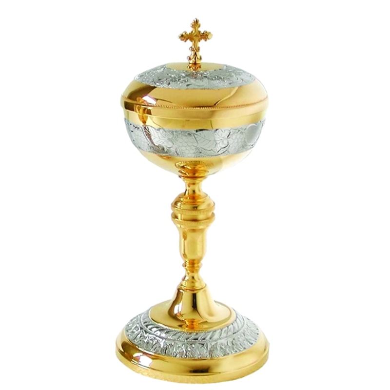 CIBÓRIO 22CM DE ALTURA DOURADO DESENHO EM NIQUEL