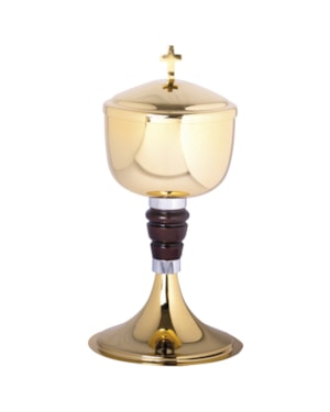 CIBORIO 23CM DE ALTURA DOURADO ENTREMEIO DE MADEIRA 180 PARTICULAS