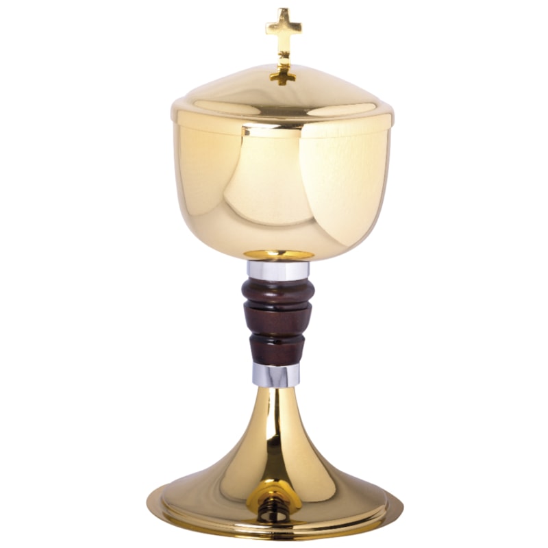CIBORIO 23CM DE ALTURA DOURADO ENTREMEIO DE MADEIRA 180  PARTICULAS