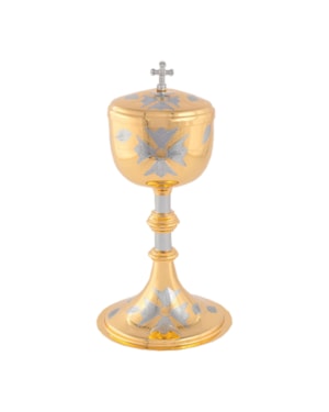 CIBÓRIO 23CM DE ALTURA DOURADO GRAVADO FOLHAS 125 PARTICULAS