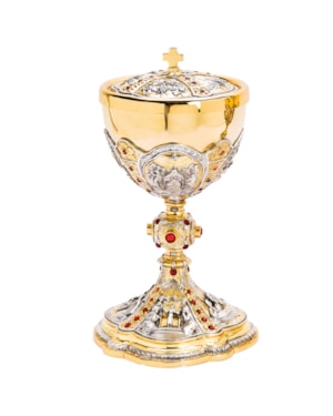 CIBÓRIO 24CM DE ALTURA DOURADO TRABALHADO EM PEDRAS 250 PARTÍCULAS
