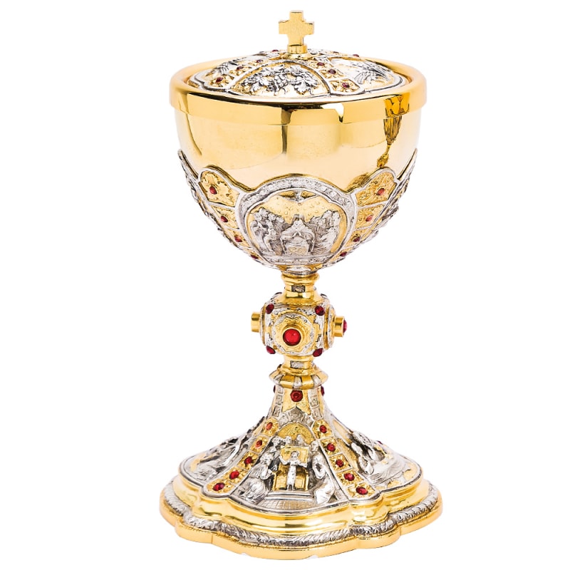 CIBÓRIO 24CM DE ALTURA DOURADO TRABALHADO EM PEDRAS 250 PARTÍCULAS
