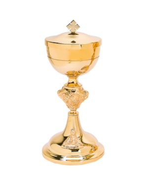 CIBÓRIO 28,5 CM DE ALTURA DOURADO ENTREMEIO TRABALHADO BASE DESENHADA