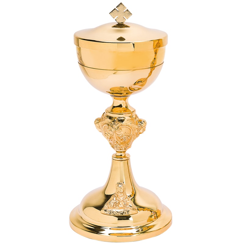 CIBÓRIO 28,5 CM DE ALTURA DOURADO ENTREMEIO TRABALHADO BASE DESENHADA