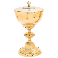 CIBÓRIO 28CM DE ALTURA DOURADO CORPO TRABALHADO PEDRAS 400 PARTÍCULAS