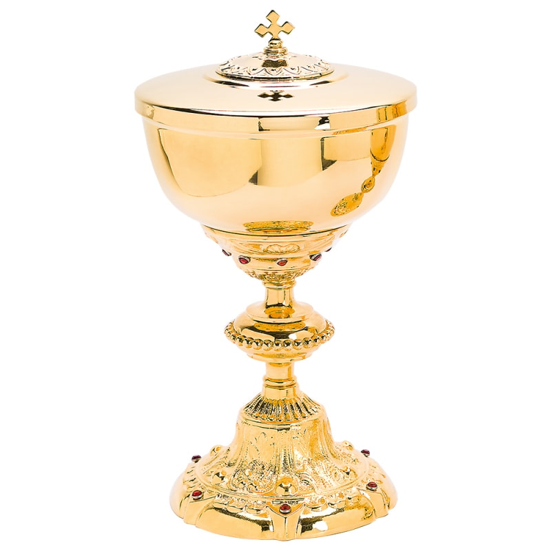 CIBÓRIO 28CM DE ALTURA DOURADO CORPO TRABALHADO PEDRAS 400 PARTÍCULAS