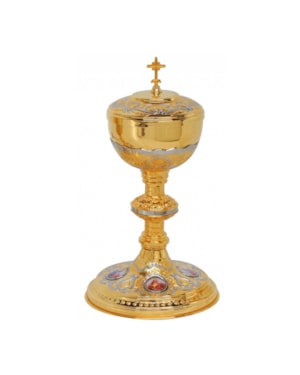 CIBÓRIO 29CM DE ALTURA DOURADO DESENHO EM NIQUEL