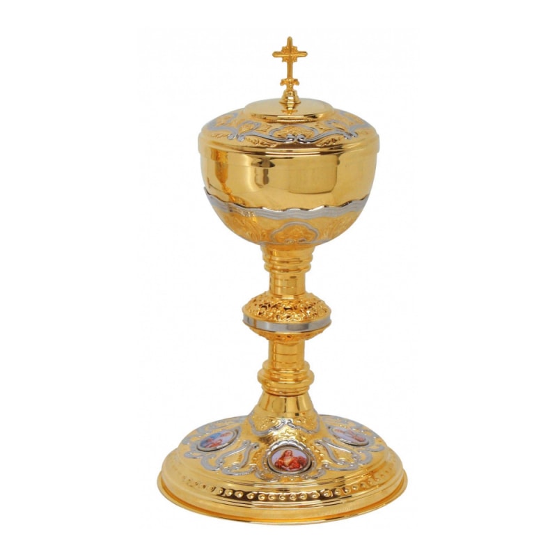 CIBÓRIO 29CM DE ALTURA DOURADO DESENHO EM NIQUEL