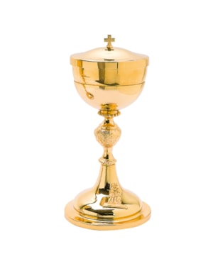 CIBÓRIO 29CM DE ALTURA DOURADO ENTREMEIO TRABALHADO BASE DESENHADA 250 PARTÍCULAS