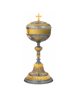CIBÓRIO 31CM DE ALTURA DOURADO BASE NIQUELADA