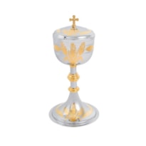 CIBÓRIO DOURADO INTERNO C/ DETALHES EM PRATA 23CM DE ALTURA