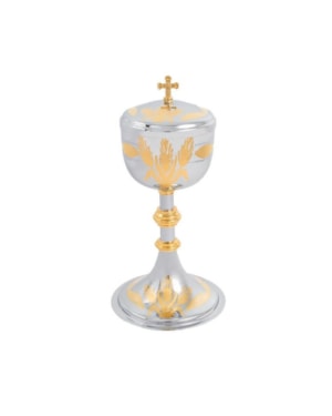 CIBÓRIO DOURADO INTERNO C/ DETALHES EM PRATA 23CM DE ALTURA
